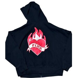 Victoria's Secret PINK Thats Fire Flaming Heart Full Zip Hoodie Black Small